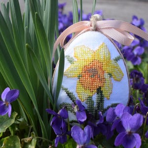 Easter daffodil embroidered hanging egg ornament with cross stitch design