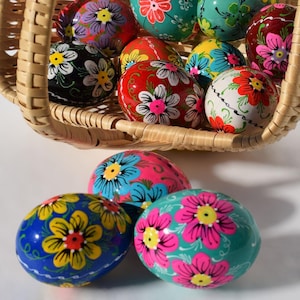Colorful Hand Painted Egg Decor Set, Folk Art Floral Eggs, Bright Spring Table and Basket Accent