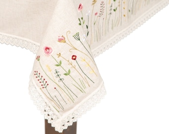 Embroidered Cotton Tablecloth, Wildflower Design, Lace Trim, Ukrainian Gift