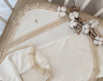Baby swaddle blanket with lace, Christening baptism shawl, Cotton swaddle blanket, Super soft absorbent blanket, Baptized in Christ