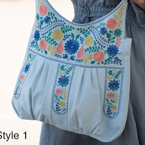 Light Blue Embroidered Hobo Bag, Floral Folk Shoulder Purse, Slouchy Linen Boho Handbag with Colorful Flower Embroidery