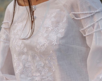 White linen embroidered blouse, Bohemian style with long puff sleeves, Feminine Ukrainian vyshyvanka top, Ukrainian blouse, Vyshyvanka