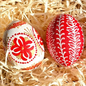 Ukrainian pysanky easter eggs set of 3, red white gold decor, hand painted folk art, spring home gift