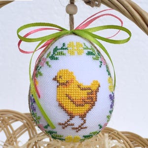Yellow chick embroidered Easter egg ornament – Fabric hanging spring decoration with floral wreath for basket, tree or table display