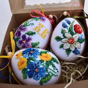 Set of 3 embroidered Easter egg ornaments with colorful floral designs