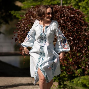Light Blue Linen Embroidered Ukrainian Vyshyvanka Dress with Leaf Motifs, Tassel Belt and Front Slit – Boho Folk Midi with Balloon Sleeves