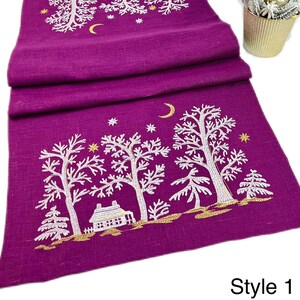 Magenta Linen Table Runner with Winter Cottage Moon Embroidery, Christmas Table Center Topper, Handmade Holiday Dining Decor Gift Accent