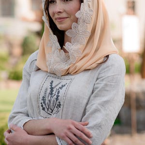 Peach Chapel Veil Mantilla with Floral Lace Trim, Orthodox Church Headscarf Hooded Snood, Modest Head Covering for Mass, Liturgy, Wedding