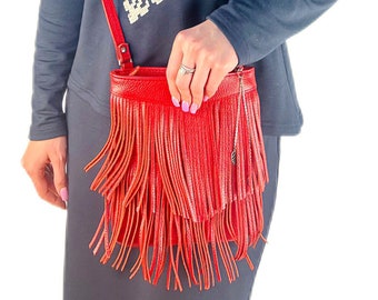 Red fringe leather purse, Hippie bag, Canvas leather bag with zipper, Mini crossbody bag, Beige handbag, Boho crossbody bag with fringe