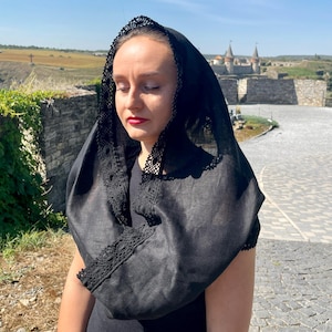 Black chapel veil mantilla snood with crochet lace trim, Modest head covering for orthodox church, Catholic mass, Funeral or prayer shawl