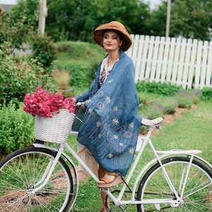 Blue linen embroidered wildflower scarf shawl – Lightweight boho wrap for women, Botanical meadow dandelion pattern head covering scarf
