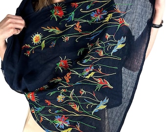 Navy Blue Shawl with Multicolor Floral Embroidery, Lightweight Soft Scarf Wrap, Elegant Boho Style Accessory for Women