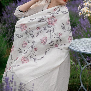 Milky embroidered linen scarf