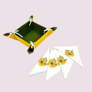 Sunflower Embroidered Linen Napkins Set with Bread Basket