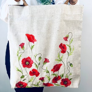 Embroidered Linen Tote Bag with Red Poppies, Symbolic Floral Shoulder Bag, Eco Fabric Shopping Bag, Handmade Textile Accessory