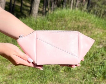 Blush pink vegan leather makeup bag, Zipper cosmetic pouch with lining & pockets, Origami side design, Travel organizer, Bridesmaid gift