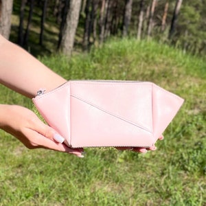 Handmade blush pink leather cosmetic bag