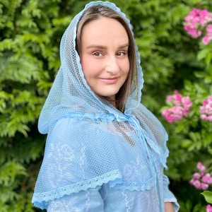 Blue lace headscarf, Sheer head covering, Light blue chapel veil, Women lace kerchief, Vintage style head scarf, Church head covering