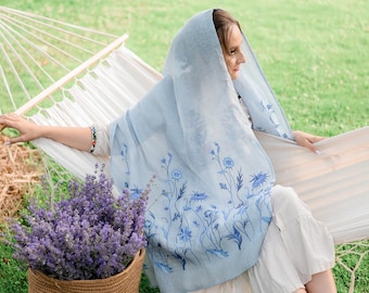 Blue embroidered shawl, Linen scarf shawl, Embroidered floral scarf, Natural soft linen scarf, Embroidered wedding shawl
