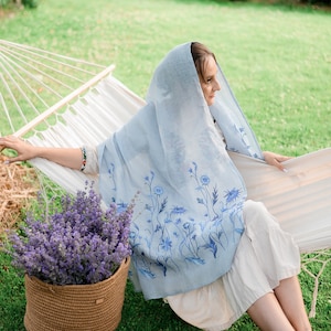 Blue embroidered linen shawl