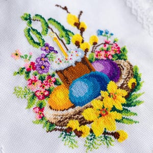 Orthodox Easter Basket Cover with Lace Fringe – Cross Stitch Pascha Towel, Kulich and Eggs Design, Cyrillic ‘Christ Is Risen’ Cloth