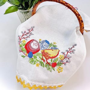 Embroidered Easter Basket Cover, White Linen Cloth with Chick and Easter Eggs, Spring Holiday Bread Basket Liner with Lace Trim