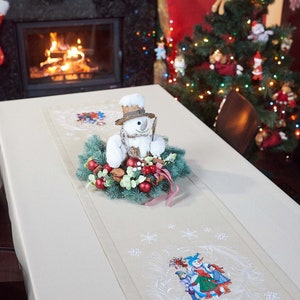 Beige runner with an embroidered snowman, Christmas table runner 55&quot;, Christmas decorations, Embroider runner Xmas, Winter & Xmas runner