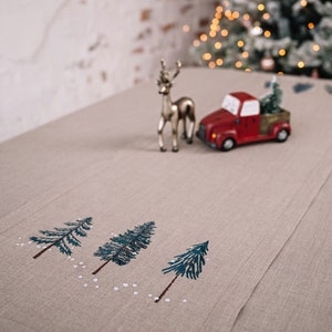 Christmas table runner with pine tree in snow, Beige winter table runner, Christmas table decor, Christmas table set, Scandinavian linen