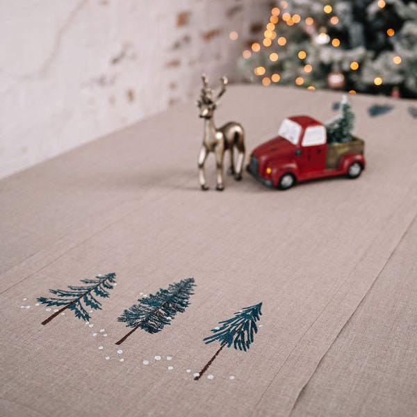 Christmas table runner with pine tree in snow, Beige winter table runner, Christmas table decor, Christmas table set, Scandinavian linen