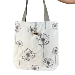 Linen tote bag with dandelion print and wooden button