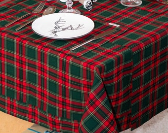 Traditional tartan tablecloth, Square Christmas tablecloth, Festive green and red plaid for holiday dining, Farmhouse tablecloth