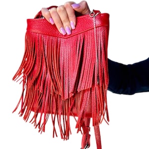 Red Leather Fringe Crossbody Bag, Handmade Festival Shoulder Purse with Adjustable Strap, Boho Western Sling Handbag for Women Gifts