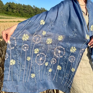 Blue linen scarf with yellow floral embroidery for women, Lightweight nature inspired shawl or head covering for spring and summer wear