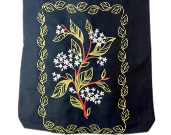 Black Cotton Tote Bag, Elderberry Embroidery, Eco Shopping Bag