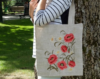 Embroidered Daisy tote bag,Linen tote bags for women,Embroidery bag canvas,Wildflower tote bag,Botanical tote bag,Floral tote bag,Daisies
