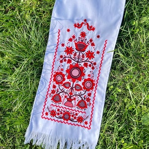 Embroidered red and white Slavic towel