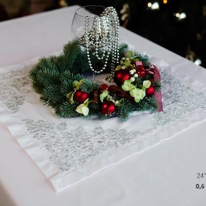Luxury Christmas embroidered napkin, Festive table centerpiece, Elegant white tablecloth, Holiday table decor, Xmas dinner party linen