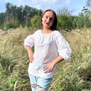 Traditional white linen Vyshyvanka shirt for women with intricate floral embroidery, Ukrainian blouse, Elegant Boho folk style top