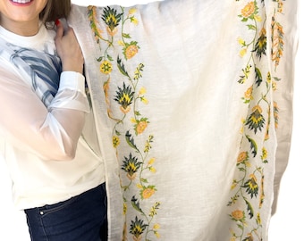 Linen floral scarf, Embroidered shawl, Lightweight white linen scarf, Embroidered beach shawl, Extra large linen shawl, Linen shawls