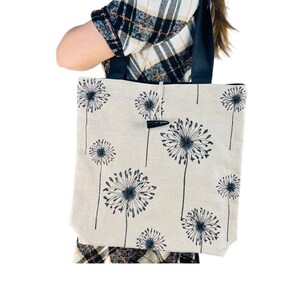 Beige Linen Tote Bag with Black Dandelion Embroidery, Zippered Lining and Toggle Closure, Large Reusable Shoulder Market Shopper Bag