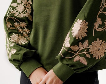 Flower embroidered sweatshirt, Green Ukraine long sleeve pullover, Women's sweatshirt, Holiday sweatshirt, Plant sweatshirt, College merch