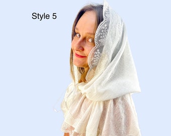 Linen chapel veil for mass, Wedding head veil, Traditional catholic veil, Catholic mantilla on drawstring, Natural head wrap, Church veil