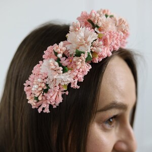 Blush Pink Flower Headband Crown for Women, Handmade Floral Hairpiece with Peonies Berries, Boho Bridal Halo Tiara for Weddings Parties