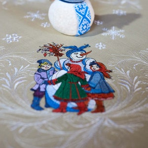 Festive beige cotton centerpiece cover with holiday winter scenes