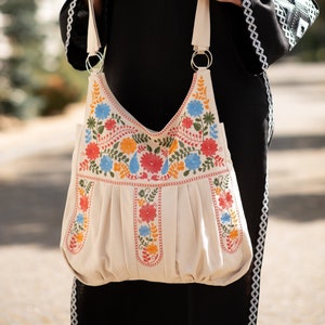 Beige Embroidered Shoulder Bag with Floral Folk Pattern, Pleated Boho Handbag with Metal Rings, Statement Fabric Tote