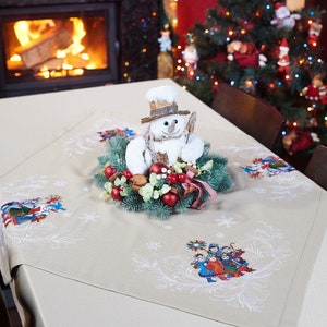 Festive beige cotton centerpiece cover with holiday winter scenes