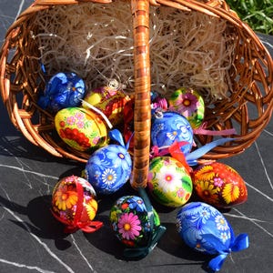 Set of 6 hand painted Easter egg ornaments with ribbons, Ukrainian folk floral wooden eggs, Gift boxed spring decor