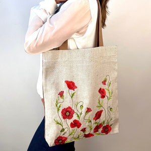 Embroidered Linen Tote Bag with Red Poppies, Symbolic Floral Shoulder Bag, Eco Fabric Shopping Bag, Handmade Textile Accessory