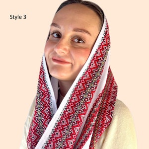 Handmade red and white Ukrainian pattern infinity scarf