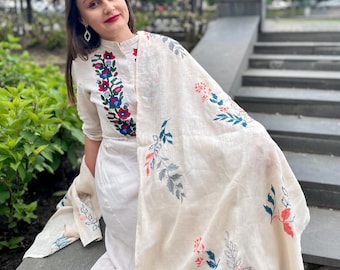Natural linen embroidered floral shawl in beige with red and blue accents – Lightweight and elegant traditional wrap